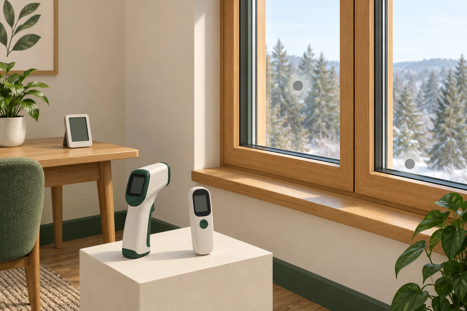 Conceptual window cutaway identifying locations for room and glass-surface observations.