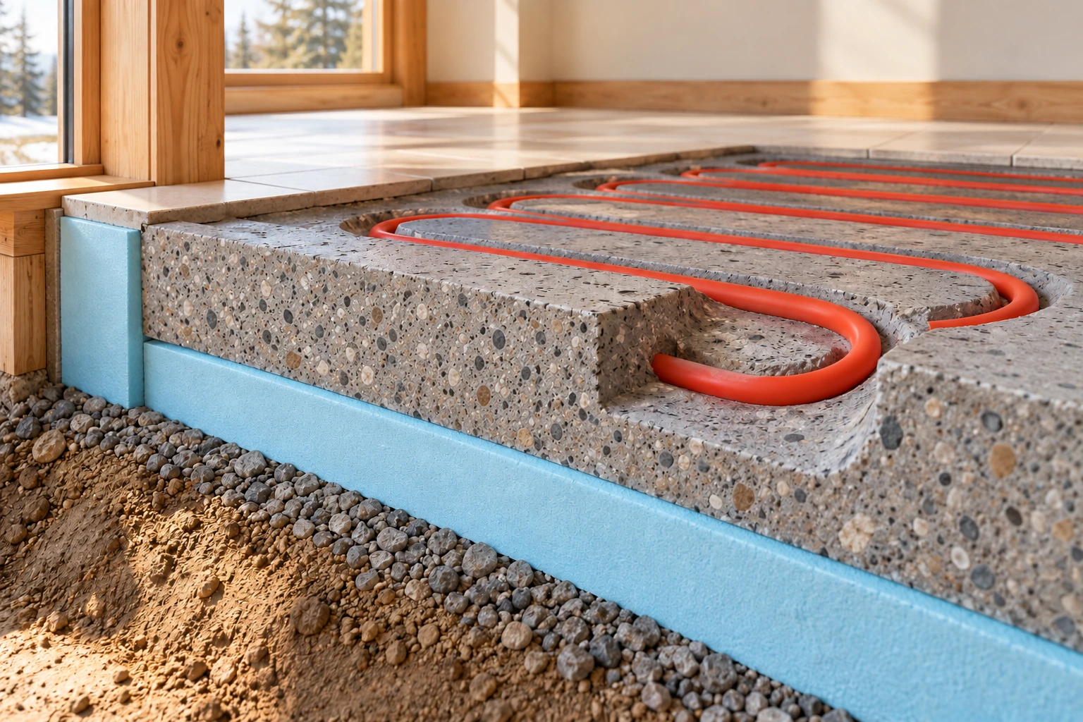 Conceptual concrete slab cutaway with one continuous red tubing circuit exposed by removed concrete.