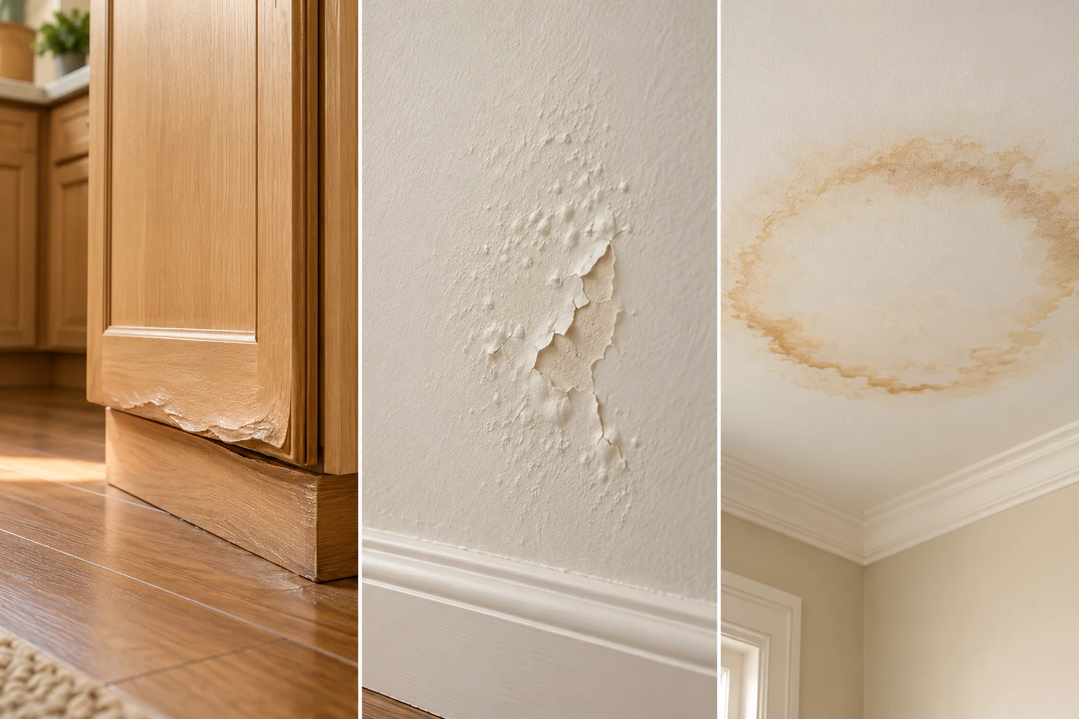 Three separate close-ups show a distorted lower cupboard edge, blistered painted wall and brown ceiling ring.