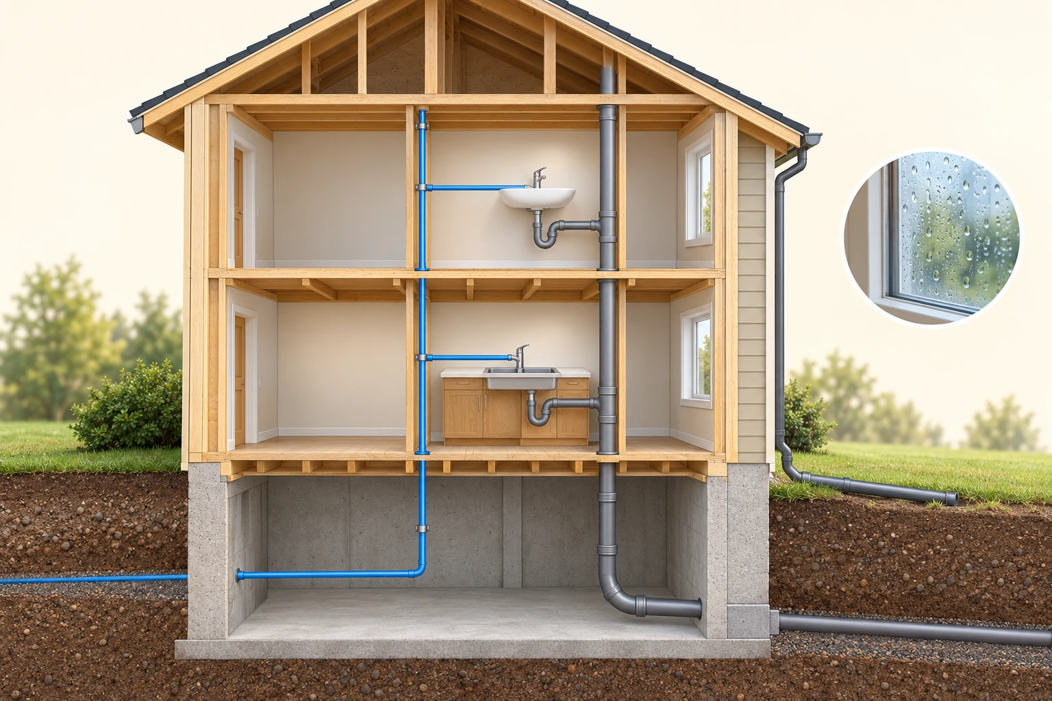 House cutaway separates a blue cold-water supply feeding two sinks from a grey used-water drain stack, exterior downspout and window-droplet inset.