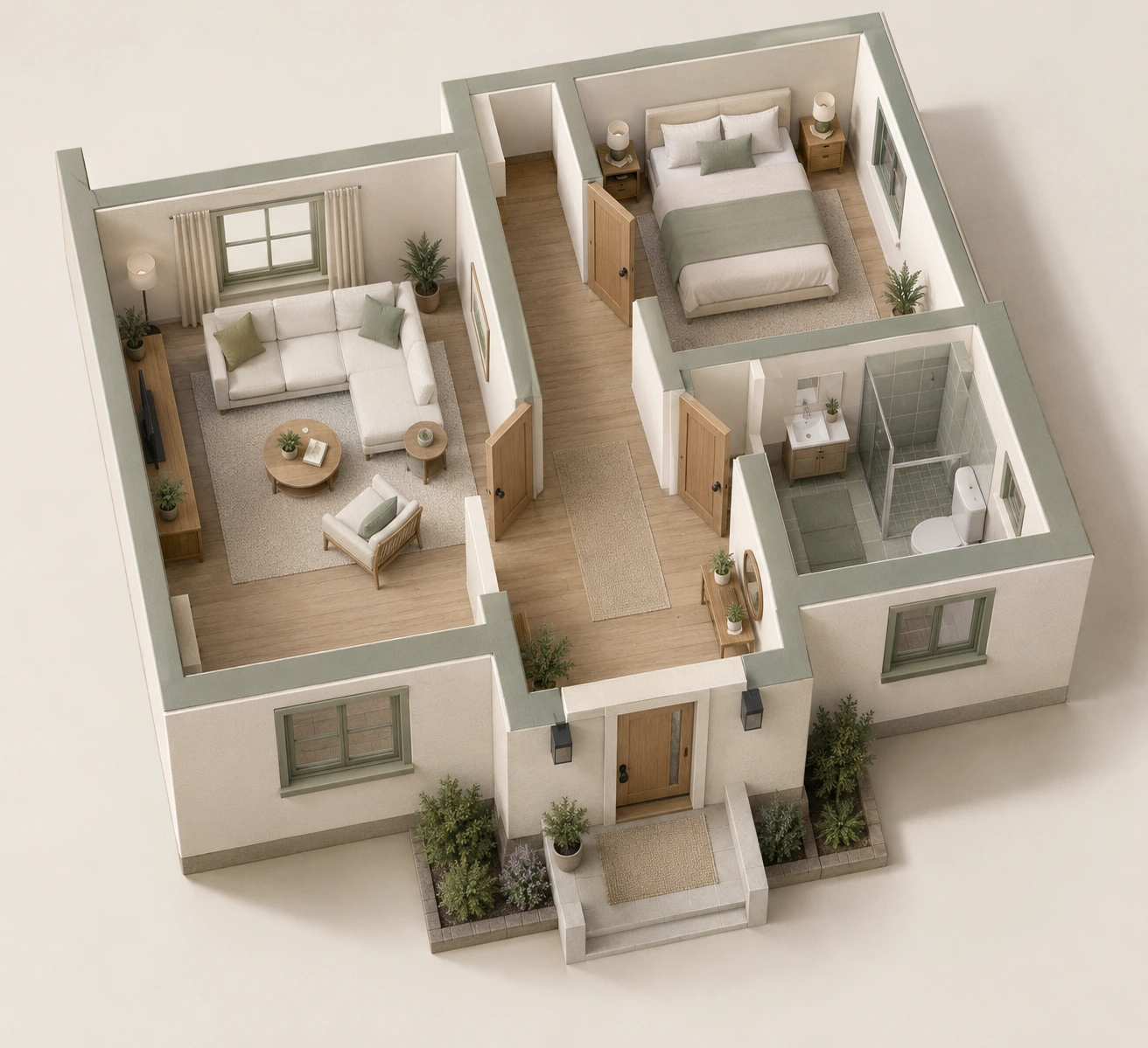 Roof-off one-level plan connects entry hall, living room, bedroom and bathroom through doorways; furniture affects the visible route, but clearances unmeasured.
