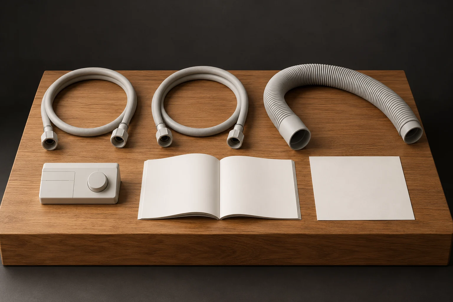 Two separate narrow hose loops with coupling-like ends, a broad ribbed curved specimen, a plain control-like face and blank papers on a timber plinth